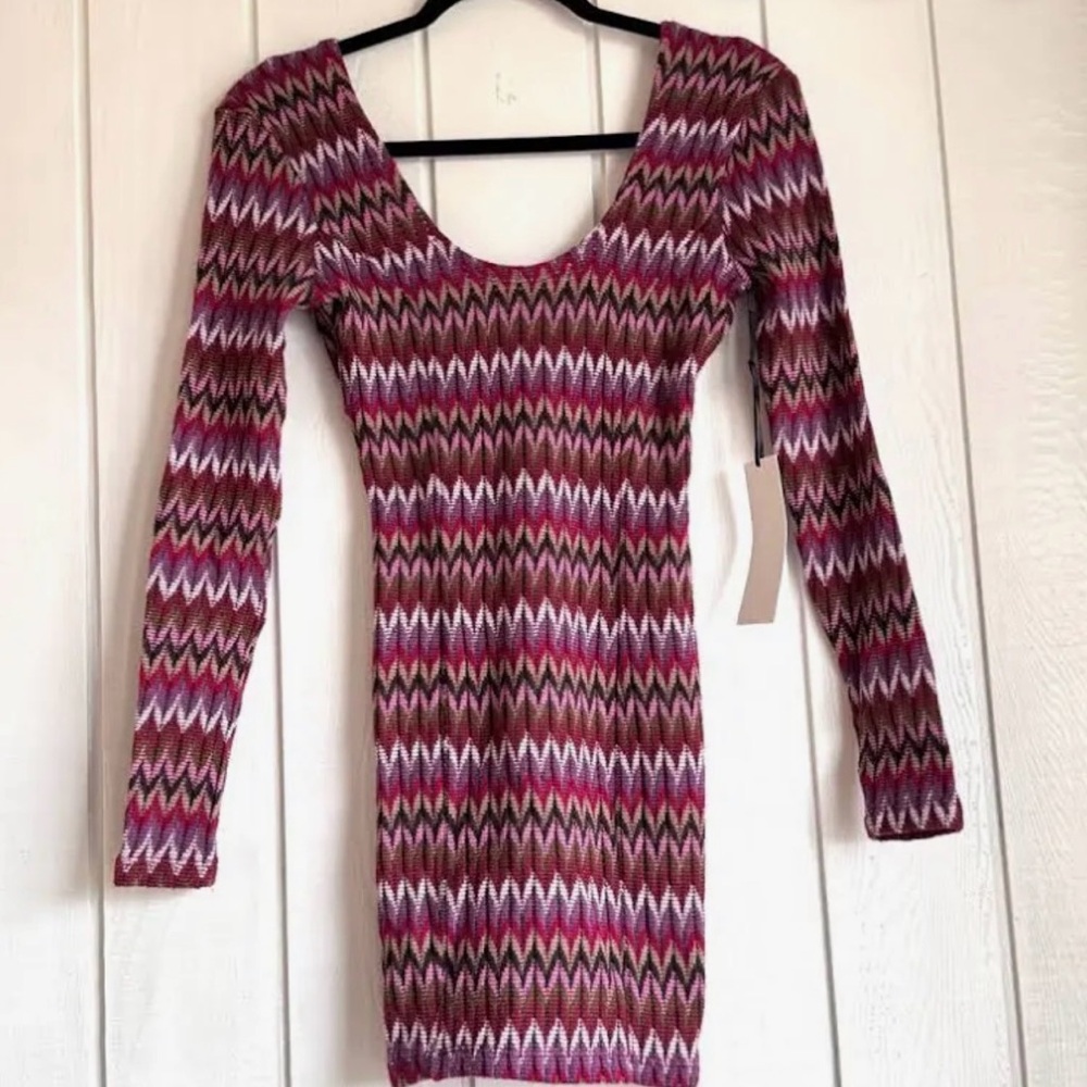 Lovers + Friends Red and Brown Zigzag Long Sleeve Dress